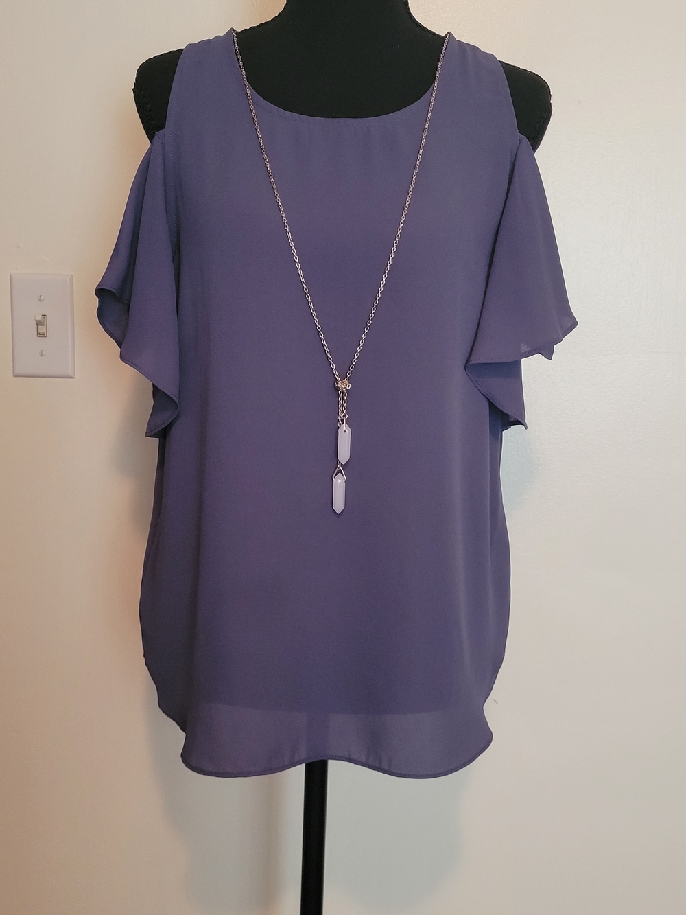 Periwinkle Cold-Shoulder Blouse with Ruffle Sleeves And Necklace